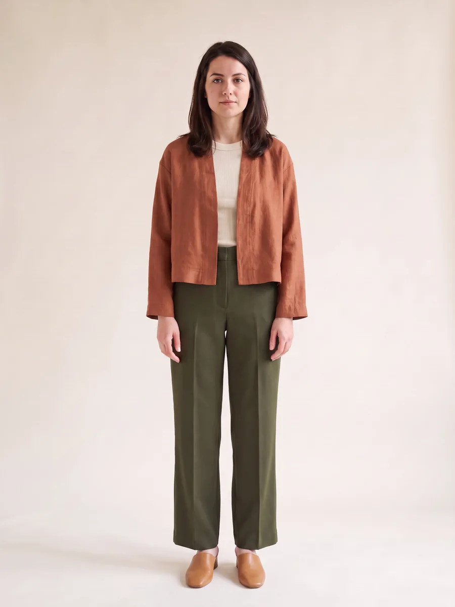 The full outfit rendered onto the shopper: cropped linen jacket, ribbed knit tank and wide-leg trouser